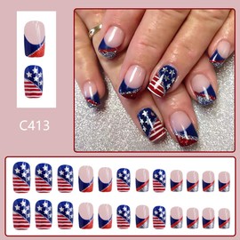 24Pcs 4th of July Press on Nails Short Square Fake Nails with Glitters Stripe Design Red Blue Acrylic Nails Stars Stick on Nails Independence Day False Nails with Glue on Nails for Women and Girls