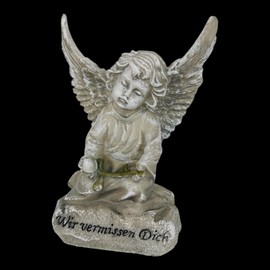 Goldbach Grave Ornament Grave Angel 13 cm Angel with Rose on Stone with the Inscription "Wir vermissen Dich" Guardian Angel Figurine Statue Mourning Angel Weatherproof Frost-Proof Grave