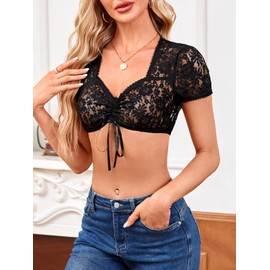 IIBOOYYE Women's Germen Bavarian Traditional Costume Blouse Oktoberfest Dirndl Dress Lace Crop Top Black XXL