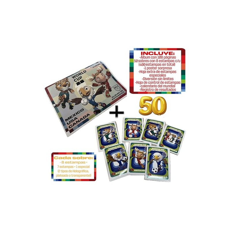 Álbum del mundial 2026 + 50 sobres de 8 estampas