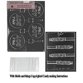 MOLDS AND THINGS It's A BOY Lolly Chocolate Candy Mold, Baby Block Pretzel Chocolate Candy Mold with Copywrited Candy Making Instruction + 50 Sticks