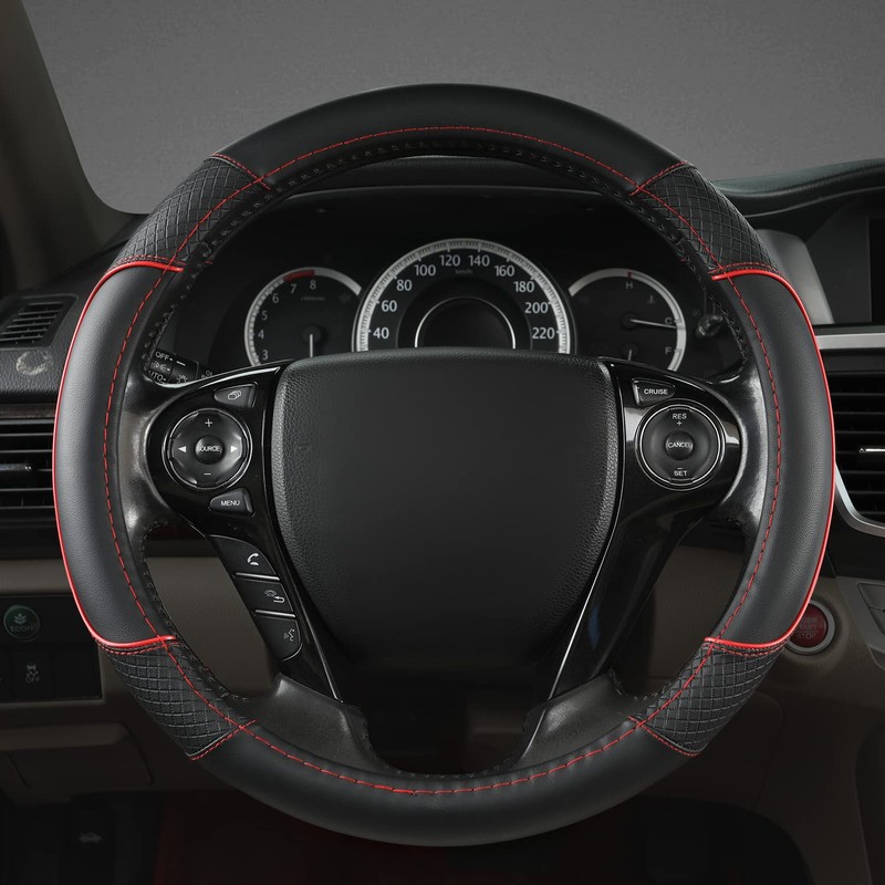GIANT PANDA Microfiber Leather Steering Wheel Cover for Honda Accord,Civic,CR-V,HR-V,Pilot(Diamond-Pattern-Black+Red