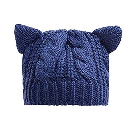 umbresen Cute Woollike Knitted CAT Kitty Ears Women Lady Girl Headgear Crochet Christmas Hats Deep Blue