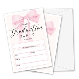 TIRYWT Graduation Party Invitations, Pink Bow Graduation Invite Cards, 2025 Graduation Announcements Party Invite Card, Grad Celebration Party Supplies, 25 Invites With Envelopes (4"X6") -D05