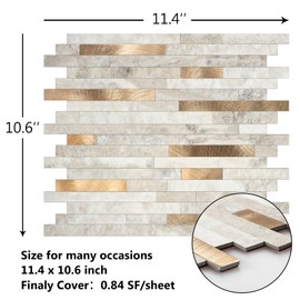 KASARO 6-Sheet Peel and Stick Backsplash Tiles for Kitchen, Marble Beige with Vintage Golden Embellished Stripes, Self-Adhesive Aluminum Wall Tile Stick on Bathroom, Fireplace, RV