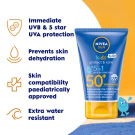 NIVEA SUN Kids Protect and Care SPF 50+ To Go Lotion (50ml), Water-Resistant Sunscreen, Kid's Sun Cream Provides Highly Effective UVB and 5 Star UVA Protection