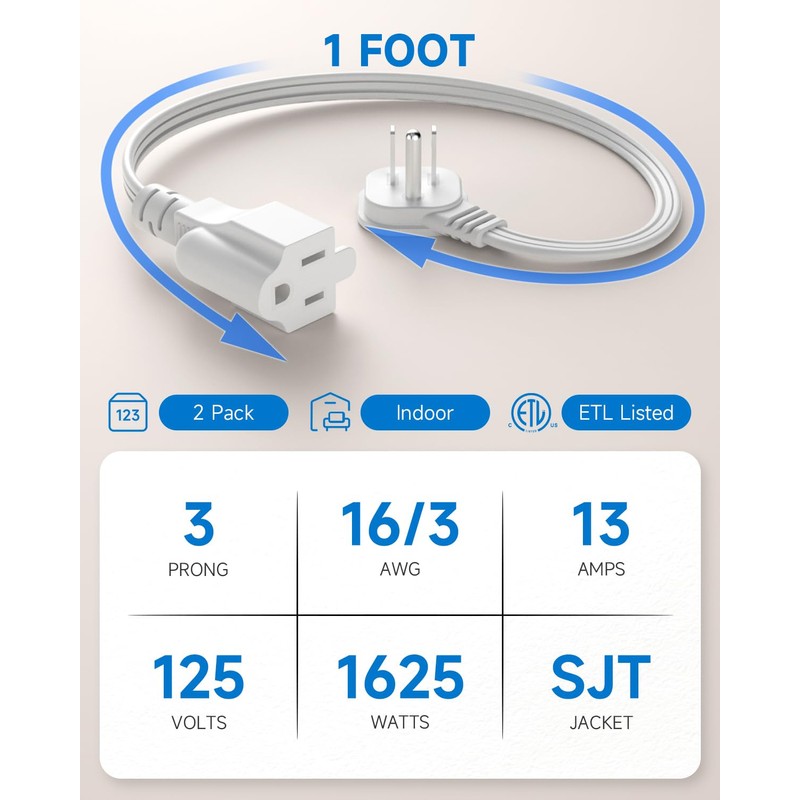 Flat Plug 1Ft Short Extension Cord, White 90-Degree Plug Low