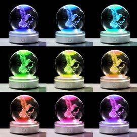 Movdyka 3D Crystal Ball Hummingbird Gifts for Women Men Glass Humming Bird Ornament Animals Figurine Home Decor with Colorful LED Base for Hummingbird Nature Lovers on Birthday Christmas- 3.15"/8CM
