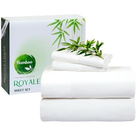 ROYALE LINENS Bamboo Viscose King Sheet Set - Cooling Bed Sheet Set - 1 Fitted, 1 Flat & 2 Pillowcase - Fits Up to 16" - Organic Viscose Derived from Bamboo - Bedding Sheet & Pillowcase (King, White)
