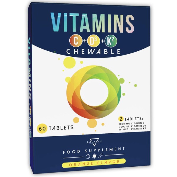 Vitamin C+D3+K2 - 60 Chewable Tablets, Orange Flavour | Vitamin C 1000mg | Vitamin D 2000 ui | Vitamin D3 K2 | Vitamin C Chewable | Vitamin C Children | Vitamin D Children | Made in Italy