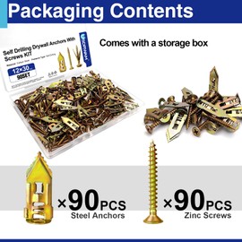 180 PCS Self Drilling Drywall Anchors with Screws Kit, 0.47×1.18 Inch Metal Wall Anchors for Drywall Hanging, No Drill Needed