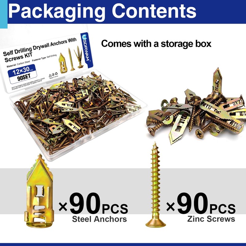 180 PCS Self Drilling Drywall Anchors with Screws Kit, 0.47×1.18