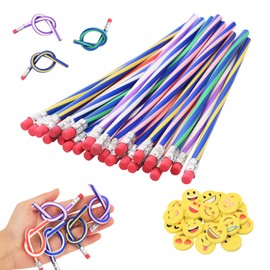 REAQUE Pack of 24 Bending Pencils and 24 Smiley Erasers for Children, Colourful Flexible Pencils with Emoji Erasers, Ideal Small Gifts for Children's Birthday Parties (Style A)