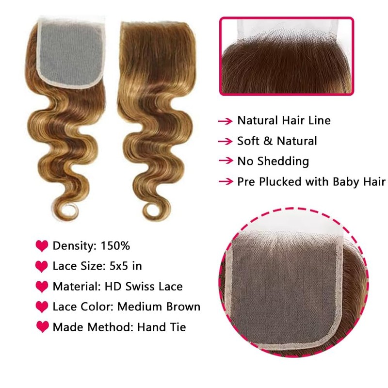 Highlight Brown Body Wave Bundles with 5x5 Closure 100% Unprocessed