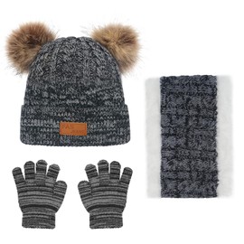 Baynetin Winter Beanie Hat, Scarf, Gloves Set, 3 Pieces Winter Hat Scarf Gloves Girls Set, Warm Beanie Hat Boys Gloves Round Scarf Set for Children 2-8 Years Old, black