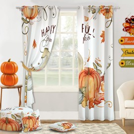 Djoymock Fall Thanksgiving White Blackout Curtains Drapes for Living Room Bedroom Kids Nursery Leaves Pumpkin Pattern Thermal Insulated Grommet Window Curtains 84 inch Length 2 Panels Set