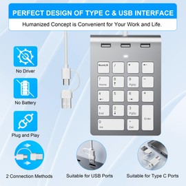 Suejezt Numeric Keypad Wired Numpad, USB A/USB C Numeric Keypad, Ergonomic Mini Number Pad with 3 USB 2.0 Ports, 18 Buttons, Office Calculation Number Pads for Laptop, Notebook, Desktop, Computer, PC