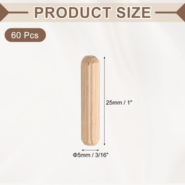 MECCANIXITY Wooden Dowel Pins 3/16"x 1" (5mm x 25mm) Straight Dowel Rods Wood Fluted Dowels Rods for Crafts Furniture DIY Hardwood Count 60