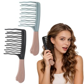 2Pcs Double-Row Wide Tooth Curling Comb,Detangling Comb with Double Row Wavy Tooth for Curls Unisex Anti-Pull Scalp Massage Showercomb for Hair Care Hairdressing Styling Tool