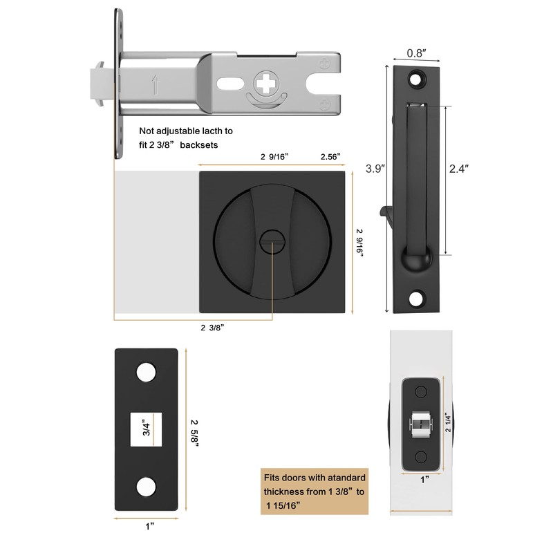 Lethato Pocket Door Hardware Black, Pocket Door Lock with Pull,