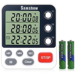 Digital Triple Kitchen Timer, Samshow 3 Channels Countdown Up Timer, Cooking Timer, Stopwatch, Large Display, Adjustable Volume Alarm and Flashing Light with Magnetic Back, Stand (Battery Included)