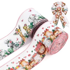 2 Rolls 20 Yards Pink Safari Animal Wired Edge Ribbon 2.5 Inch Floral Jungle Woodland Animal Ribbon for Baby Shower Birthday Party Decor