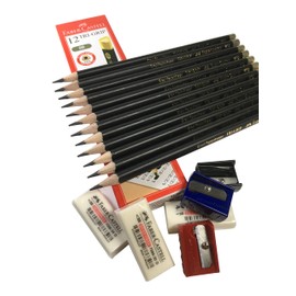 Faber-Castell 12 Tri -Grip 2B Wooden Lead Pencils + 3 Faber-Castell Sharpeners + 3 Faber-Castell Dust Free Erasers (Bundling Set)