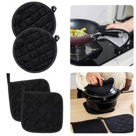 Acpetdr Pot Holders for Kitchen, Cotton Terry Kitchen Hot Pads Pot Holders Soup Pot Heat Pad, Oven Pot Holders for Kitchen Heat Resistant for Baking, Cooking 4PCS Black