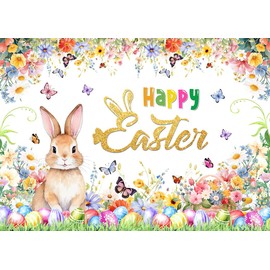 LYCGS 7x5ft Happy Easter Backdrop Spring Backdrop Easter Photography Background Rabbit Colored Egg Flower Easter Photo Background Cartoon Kids Easter Decoration Banner X-349