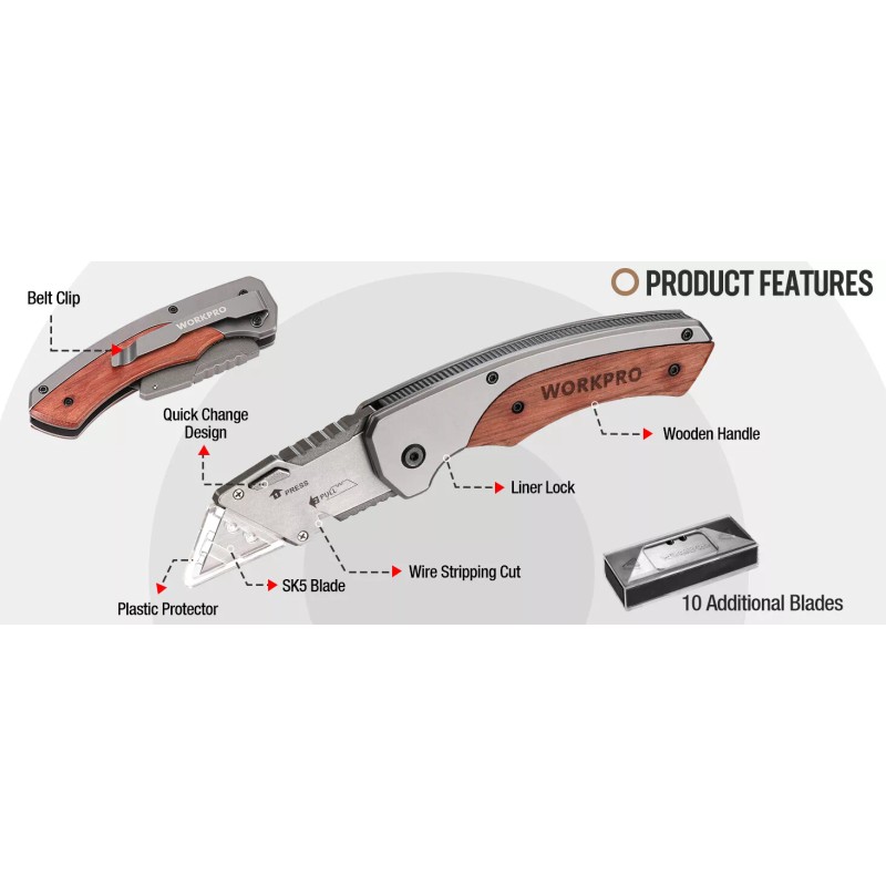 WORKPRO Folding Utility Knife & EDC Pocket Knife Wood Handle