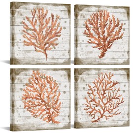 Orange Coral Canvas Set of 4 Ready to Hang Ocean Beach Wall Art for Bedroom Bathroom Framed Watercolor Prints Marine Plants Pictures Home Decoration Each Panel 12x12inch (Small)