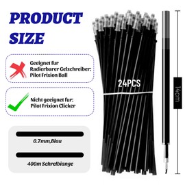 Kabwea Pack of 24 Black Refills, Compatible with Legami, 0.7 mm Erasable Rollerball Pen, Height 13 cm, Replacement Refill for Gel Pen, Erasable, Replaceable Refill (Black)