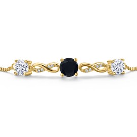 Gem Stone King 18K Yellow Gold Plated Black Onyx and White Moissanite Tennis Bracelet For Women | 1.84 Cttw | Gemstone December Birthstone | Round 6MM and 5MM | Fully Adjustable Up to 9 Inch