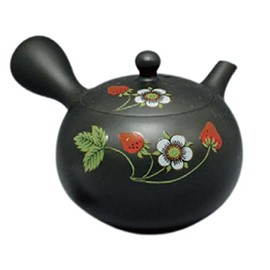 Teapot Kyusu Tokoname - SHOHO - Black - 7 oz (200 ml/cc) - Stainless Mesh - Strawberry