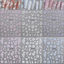 6Sheets Hibiscus Flower Nail Stickers for Nail Art 3D Self-Adhesive Nail Decals Glitter with Luxury Rhinestones Nail Design Stickers Blue Pink Nail Set Supplies French Tip Nail Decor for Women
