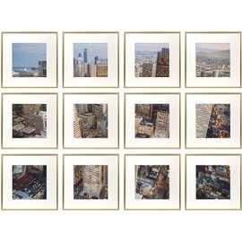 Frametory, 12x12 Aluminum Photo Frame with Ivory Mat for 8x8 Picture Wall Display - Sawtooth Hanger, Swivel Tabs, Spring Clips Great for Photos, Artworks, Posters (Gold, 12-Pack)
