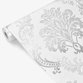 Yija Vintage White - Silver Floral Damask Wallpaper Vinyl Peel Stick Dresser Dresser Drawer Kitchen Adhesive Paper Sticker 17.7inch by 98inch