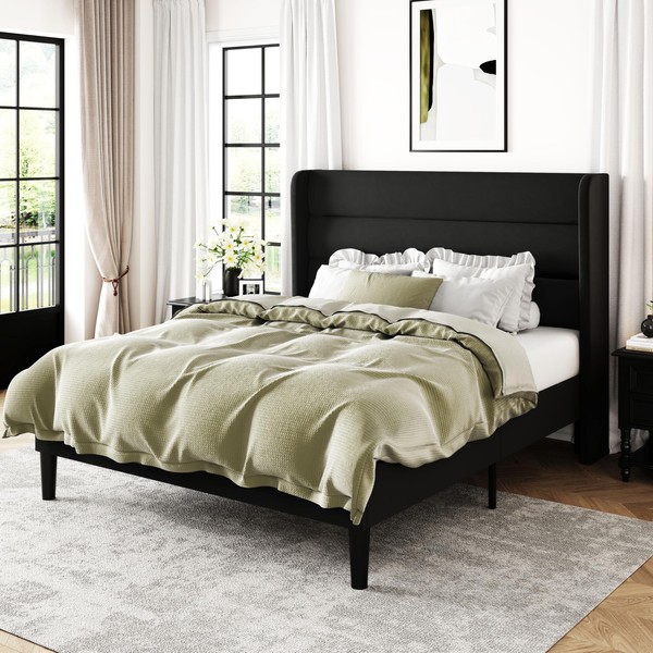 Allewie Queen Size Platform Bed Frame with Velvet Upholstered Wingback