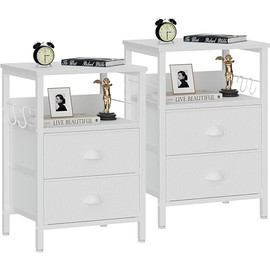 Furologee Nightstands Set 2, End Table with 2 Fabric Drawers, Bedside Table with 2 Hooks, Open Wood Shelf Side Sofa Table for Bedroom/Living Room/Hallway/White