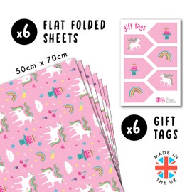 CENTRAL 23 Unicorn Wrapping Paper Birthday Girl - 6 Sheets Of Gift Wrap - Unicorns And Rainbow - Flower Star Heart - Pink Wrapping Paper For Kids - Comes With Stickers - Recyclable