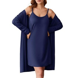 Ekouaer Robe Sets for Women 2 Pieces Nightgown Long Sleeves Bathrobe Soft Sleepwear 2025 Navy Blue XLarge