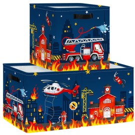 Clastyle Cars Kid Storage Cube Organizer Set Closet Clothes Cube Storage Bin Nursery Toddler Toy Box Chest Girl Boy Book Shelf Basket,‌Fire Truck,11.8x11.8x11.8 in