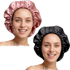 Silk Bonnet for Sleeping Women Curly Silk Hair Bonnet for Sleeping Double Layer Satin Bonnet for Sleeping Women Sleep Bonnets for Women (Black&Pink)