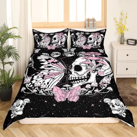 Butterfly Skull Duvet Cover Set Queen Size Pink Mushroom Comforter Cover Gothic Starry Galaxy Moon Bedding Set 3pcs for Kids Teens Girls Boys Bedroom Decor Trippy Plants Quilt Cover,2 Pillowcases