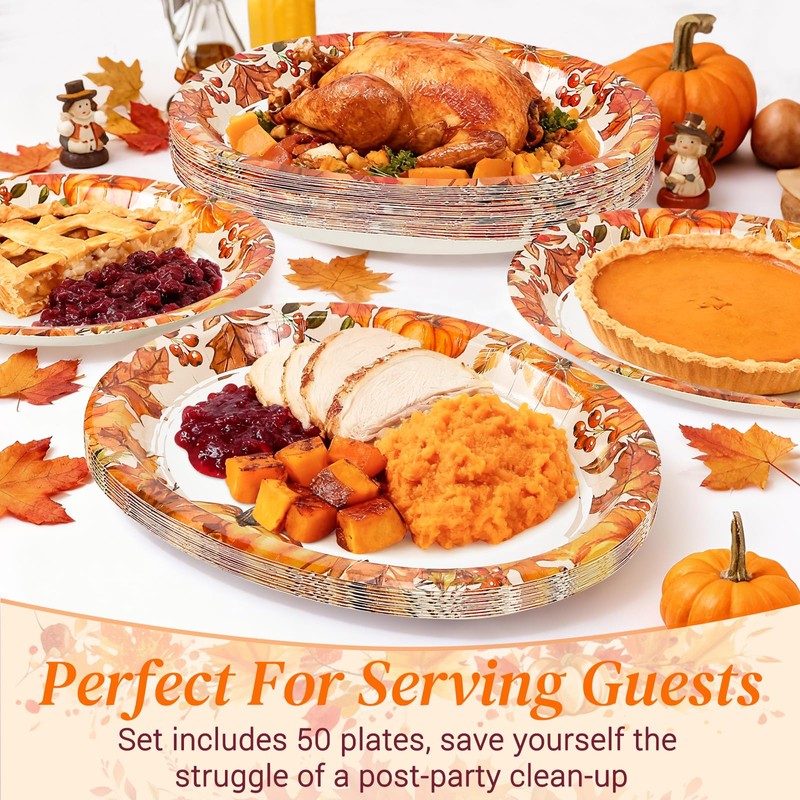 LIKAJON 50 Pcs Oval Thanksgiving Paper Plates, 12 x 10