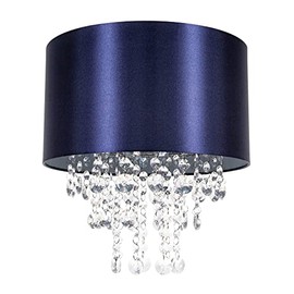 Modern and Eye-Catching Navy Midnight Blue Satin Shimmer Fabric Pendant Light Shade with Hanging Transparent Acrylic Droplets | 30cm Diameter by Happy Homewares