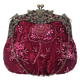 HeiDmai Women's Vintage Beaded Sequin Flower Evening Handbags Wedding Clutches Prom Cocktail Party Handbags (Wine Red)
