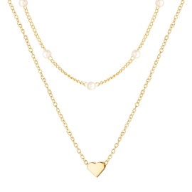 Layered Heart Pearl Necklace Minimalist Gold Silver Plated Dainty Simple Small Love Hearts Tiny Double Chain Necklace for Women Valentines Day Wedding Birthday Christmas Party Trendy Jewelry Gifts,
