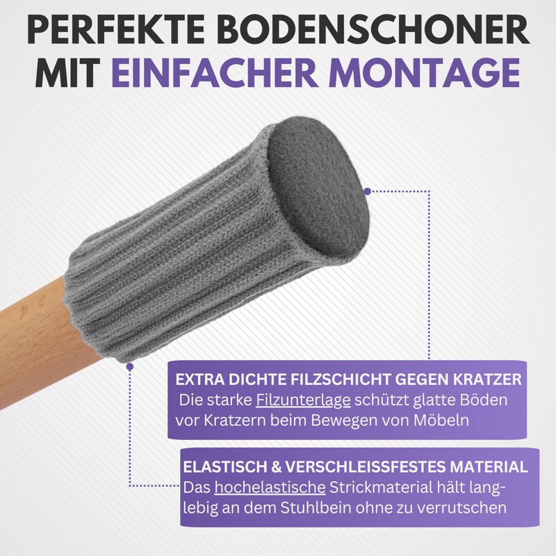 Filzada® 24x Stuhlsocken Filz/Stuhlbeinsocken GRAU- Elastische Stuhlbeinschoner - Stuhlbeinkappen -
