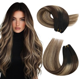 Moresoo Weft Hair Extensions Human Hair Balayage Remy Brown Wefts Sew in Black to Brown Mixed Caramel Blonde Sew in Ombre Human Hair 18Inch 100G